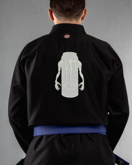 Monster embroidery on the back of a black BJJ Gi