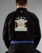 Mood embroidery on the back of a black BJJ Gi