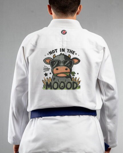 Mood embroidery on the back of a white BJJ Gi