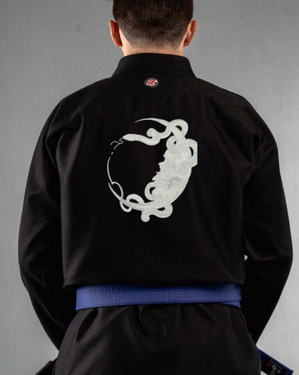 Dark Moon Serpent embroidery on the back of a black BJJ Gi