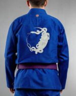 Dark Moon Serpent embroidery on the back of a blue BJJ Gi