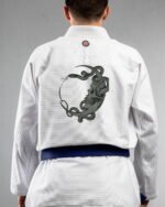 Dark Moon Serpent embroidery on the back of a white BJJ Gi
