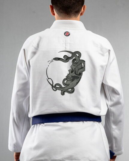 Dark Moon Serpent embroidery on the back of a white BJJ Gi