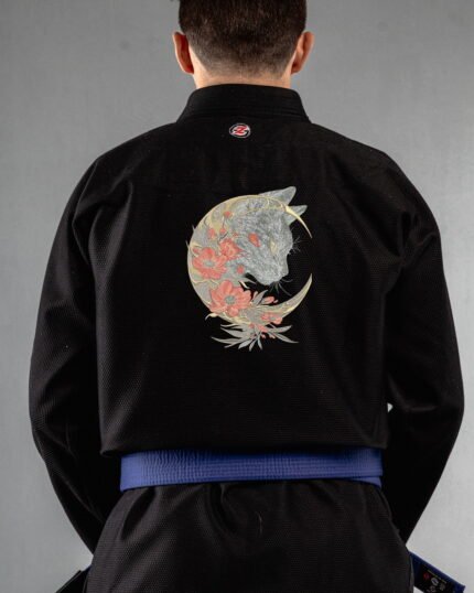 Cat X Moon embroidery on the back of a black BJJ Gi