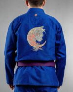 Cat X Moon embroidery on the back of a blue BJJ Gi