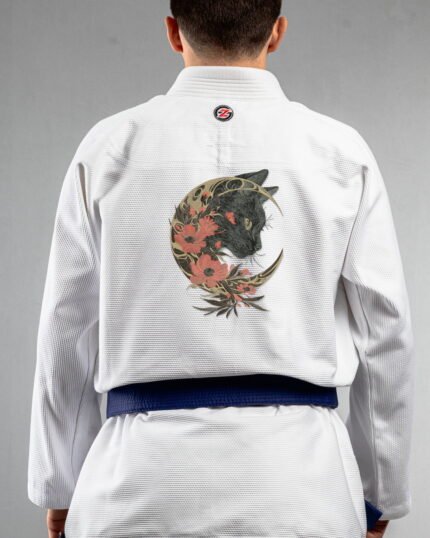 Cat X Moon embroidery on the back of a white BJJ Gi