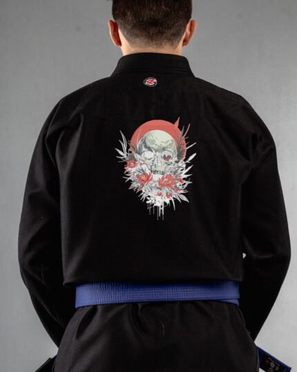 Moonlight Skull ,skulls & Flowers embroidery on the back of a black BJJ Gi