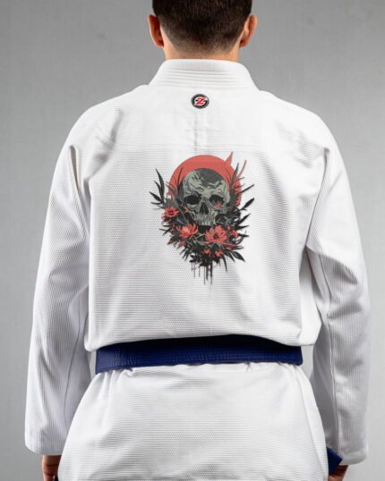 Moonlight Skull ,skulls & Flowers embroidery on the back of a white BJJ Gi
