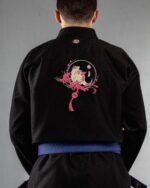 Mystic Fox In Bloom embroidery on the back of a black BJJ Gi