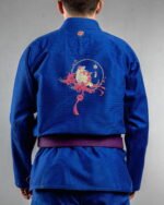 Mystic Fox In Bloom embroidery on the back of a blue BJJ Gi