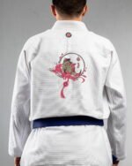 Mystic Fox In Bloom embroidery on the back of a white BJJ Gi