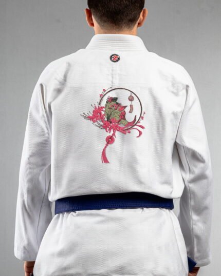 Mystic Fox In Bloom embroidery on the back of a white BJJ Gi