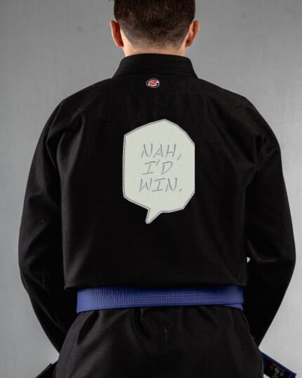 Nah,i'd Win embroidery on the back of a black BJJ Gi