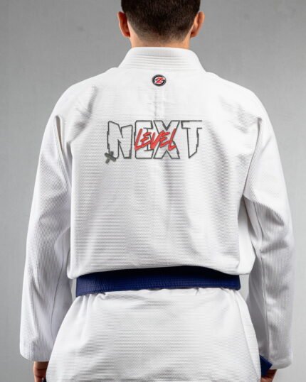 Next Level embroidery on the back of a white BJJ Gi