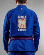 Nice Hen embroidery on the back of a blue BJJ Gi