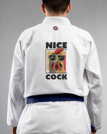 Nice Hen embroidery on the back of a white BJJ Gi