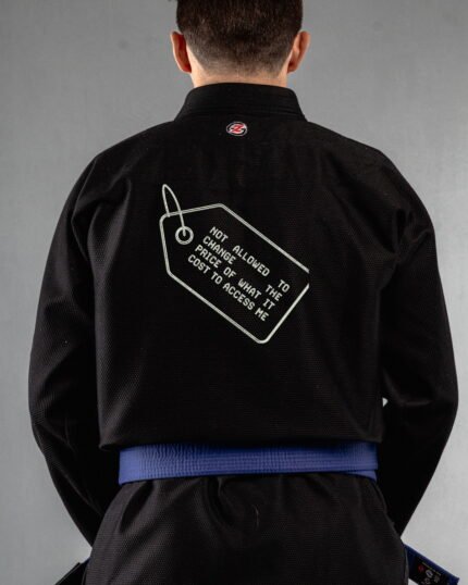 Not Allowed To Change The Price embroidery on the back of a black BJJ Gi