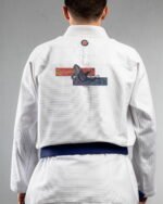 Cosmic Orca embroidery on the back of a white BJJ Gi