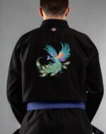 Peacock embroidery on the back of a black BJJ Gi
