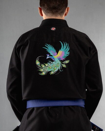 Peacock embroidery on the back of a black BJJ Gi