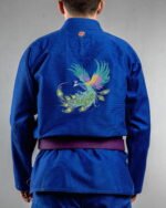 Peacock embroidery on the back of a blue BJJ Gi