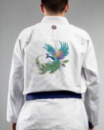 Peacock embroidery on the back of a white BJJ Gi