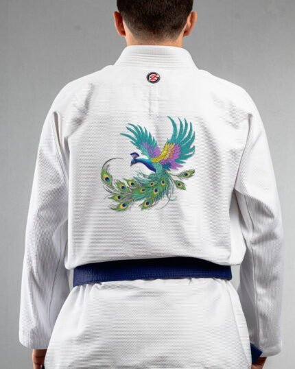 Peacock embroidery on the back of a white BJJ Gi