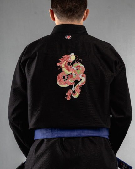 Petals Of Fire Dragon embroidery on the back of a black BJJ Gi