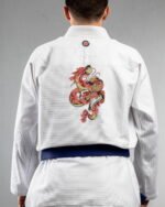 Petals Of Fire Dragon embroidery on the back of a white BJJ Gi