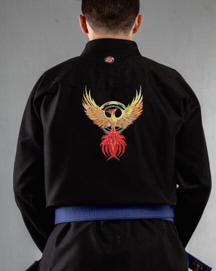 Phoenix 2 embroidery on the back of a black BJJ Gi