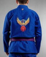 Phoenix 2 embroidery on the back of a blue BJJ Gi