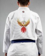 Phoenix 2 embroidery on the back of a white BJJ Gi