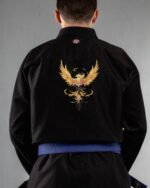 Phoneix embroidery on the back of a black BJJ Gi