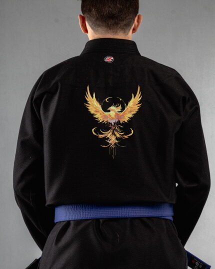 Phoneix embroidery on the back of a black BJJ Gi