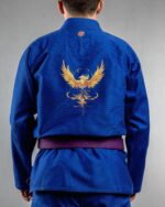 Phoneix embroidery on the back of a blue BJJ Gi