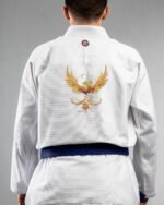 Phoneix embroidery on the back of a white BJJ Gi