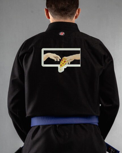Pizza embroidery on the back of a black BJJ Gi
