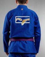 Pizza embroidery on the back of a blue BJJ Gi
