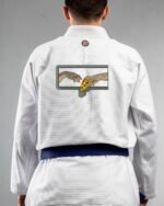 Pizza embroidery on the back of a white BJJ Gi