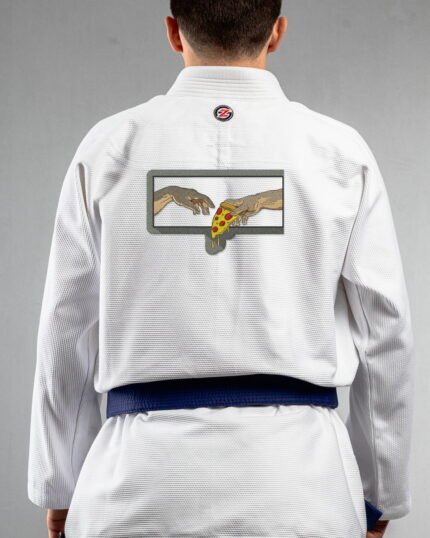 Pizza embroidery on the back of a white BJJ Gi