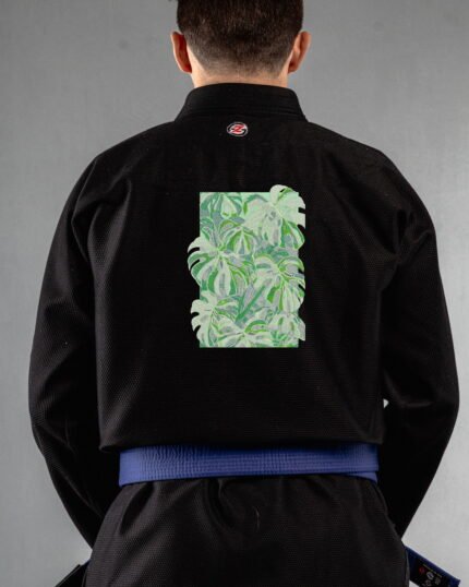 Monstera Deliciosa Tropical Swiss Cheese Plant embroidery on the back of a black BJJ Gi