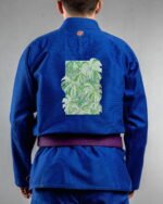 Monstera Deliciosa Tropical Swiss Cheese Plant embroidery on the back of a blue BJJ Gi