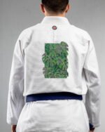 Monstera Deliciosa Tropical Swiss Cheese Plant embroidery on the back of a white BJJ Gi