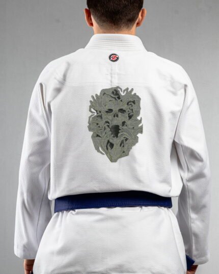 Possessed Skull embroidery on the back of a white BJJ Gi