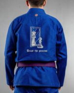 Trust The Process Chess Minimal Design embroidery on the back of a blue BJJ Gi