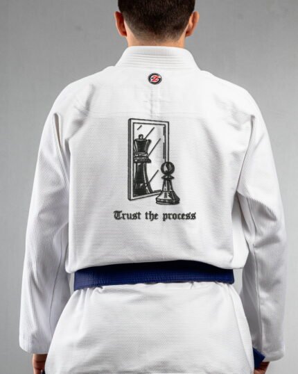Trust The Process Chess Minimal Design embroidery on the back of a white BJJ Gi