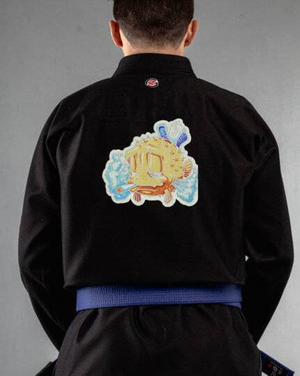 Puffer Fish embroidery on the back of a black BJJ Gi