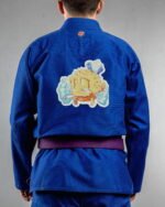 Puffer Fish embroidery on the back of a blue BJJ Gi