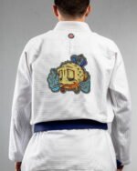 Puffer Fish embroidery on the back of a white BJJ Gi