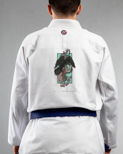 Raven & Snake embroidery on the back of a white BJJ Gi
